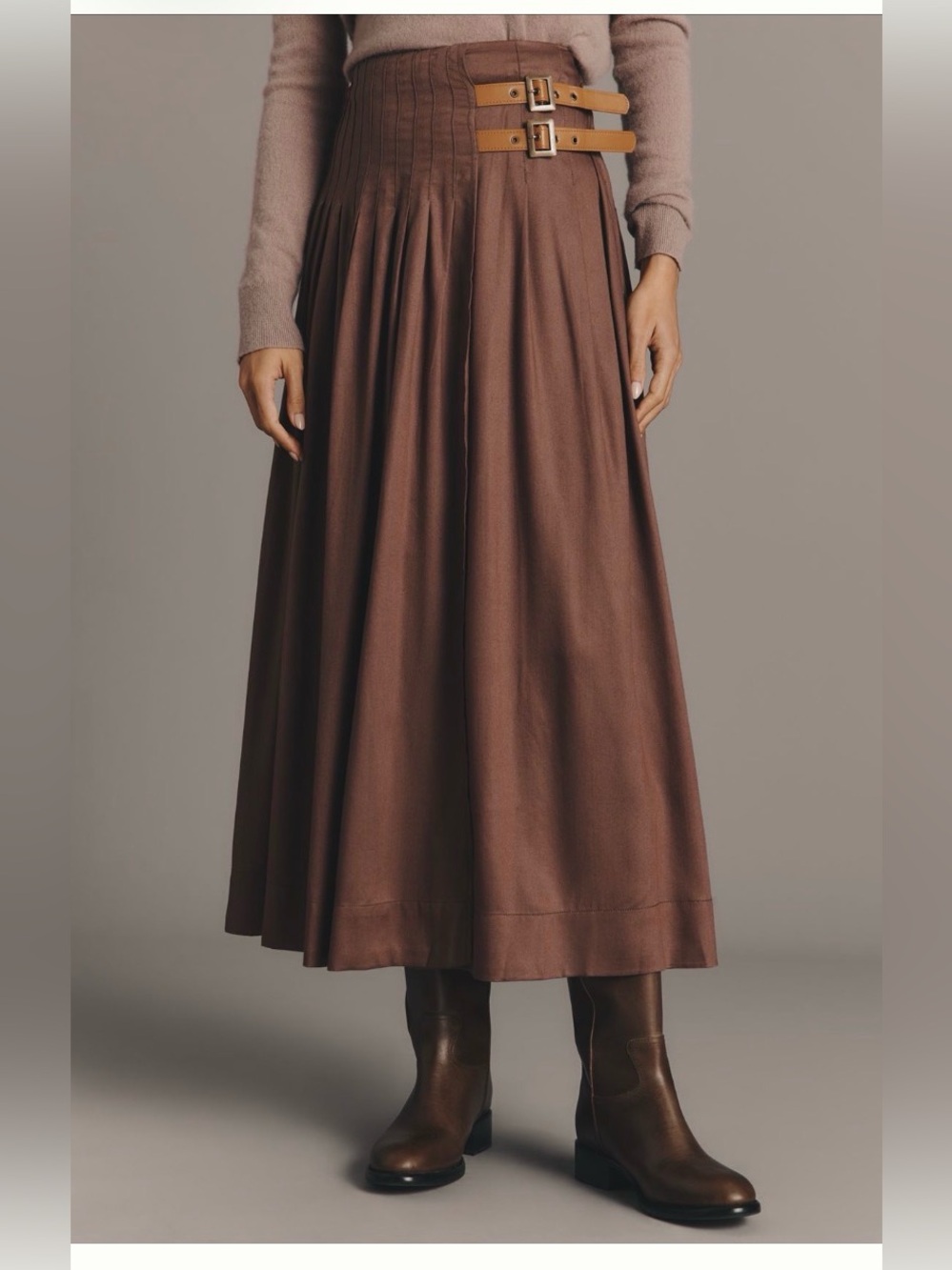 Anthropologie Asymmetric Pleated
Surplus Sz XL Brown Maxi Skirt Double Belt NWT - Picture 2 of 11